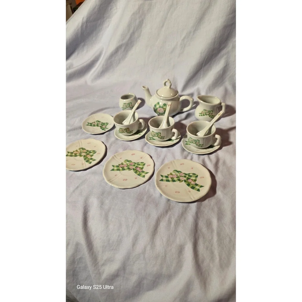 Miniature Porcelain Tea Set Green Gingham Bow Pink Rose Floral 17pc Collection